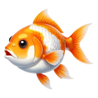 Cinematic Cute Orange and White Goldfish Portrait Emoji, Head tilted playfully and inquisitively, featuring a glossy, vibrant body adorned with a striking mix of orange and white, round, sparkling golden eyes filled with curiosity, Simplified yet irresistibly adorable features, highly detailed, glowing with a warm, friendly glow, high shine, affectionate and lively, stylized with a touch of whimsy, bright and endearing, soft glowing outline, capturing the essence of a mischievous yet loving goldfish, so playful it feels like it could swim out of the screen and into your heart! sticker