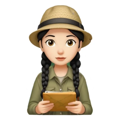A braid black hair backpacking woman checking her map with curious eyes while wandering in the woods with camping hat sticker