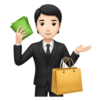 a white elegant man black hair in a black suit with clothing shopping bag sticker