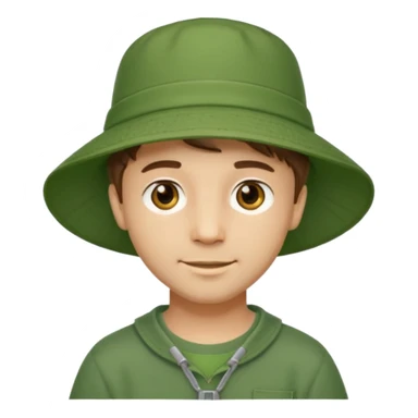 A light-skinned man with short brown hair, golden-brown eyes, and a soft smile, wearing a wide-brimmed green bucket hat. sticker