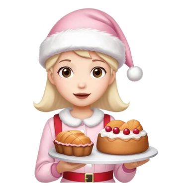 girl wearing light pink santa hat,having cute cake and bread sticker