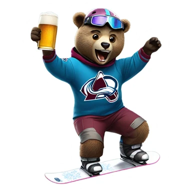 snowboard bear wearing helmet and goggles in colorado avalanche jersey doing insane tricks while holding a beer sticker