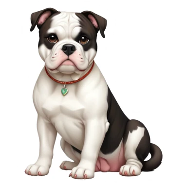 cinematic-[american bulldog]-realistic-full-body-sitting-emoji,-tail-resting-loosely-beside-its-paws,-head-tilted-dramatically,-sleek-[pied black]-fur,-simplified-yet-realistic-focused-features,-highly-detailed,-glowing-with-an-almost-sarcastic-glow sticker