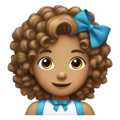 very cute little girl in a wheelchair, semi-smiling, with curly brown hair that has a little blue bow, and a tan complexion sticker
