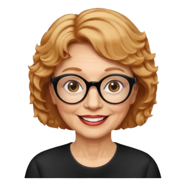 woman 70 years old, very short strawberry blonde weavy hair, brown eyes and round dark glasses smile sticker