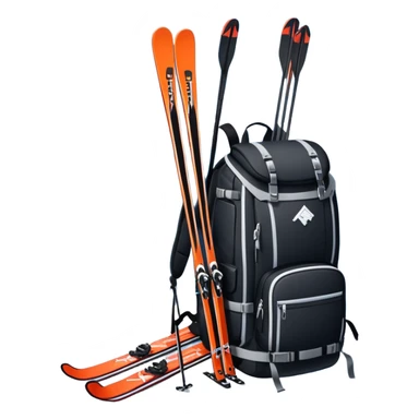 An icon showing a close-up of a biathlon backpack, a pair of skis, and a biathlon rifle resting against snow. In the background, a beautiful winter landscape with snowy trees and mountains under a clear sky. Transparent background reflects the sport’s precision and rugged endurance. sticker