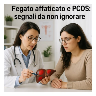 clinical scene, doctor showing a woman with PCOS an anatomical model of the liver with red zones, prevention atmosphere, Italian text: 'Fegato affaticato e PCOS: segnali da non ignorare', 4K quality sticker
