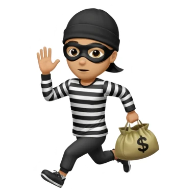 running robber wears black eye mask, black beanies and black and white stibes shirt with one brown money bag beside him sticker