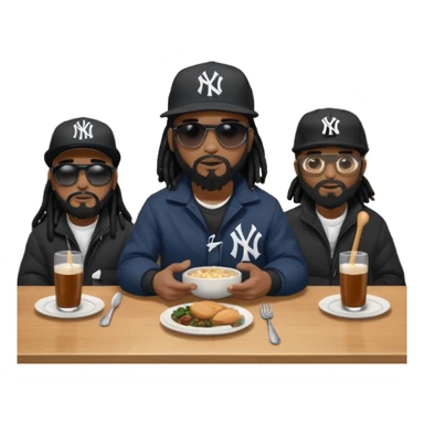 African American man with shoulder length black dreadlocks with black beard wearing black sunglasses wearing a black New York Yankees logo baseball Cap wearing a black bubble winter coat sitting a kitchen table with other men with dreadlocks all sitting in chairs eating dinner at kitchen table sticker