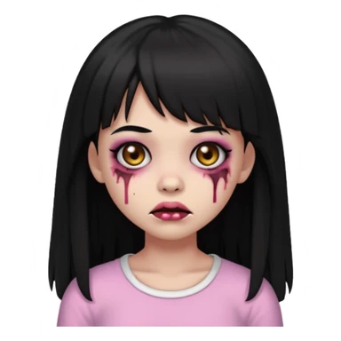 light-skinned Black zombie girl emoji, black eyes, long black hair with bangs, light pink blouse, scar on cheek sticker