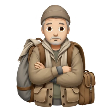 A homeless man wrapped in an old blanket, holding a backpack filled with his belongings, expression calm but weary.
 sticker