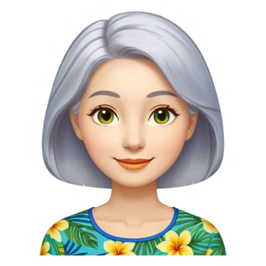 A woman with light complexion, an oval face with soft rounded features, full cheeks, gentle almond-shaped eyes with subtle smile lines, silver-gray hair parted to the side and styled loosely, wearing a vibrant tropical print blouse in blue, green, and yellow, exuding warmth and joy. sticker