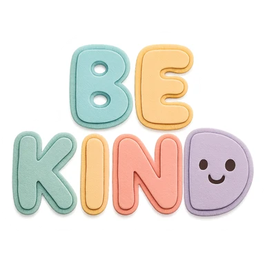 "Be Kind" soft pastel rainbow puffy bubble letters, kawaii cute, transparent background, no frame sticker