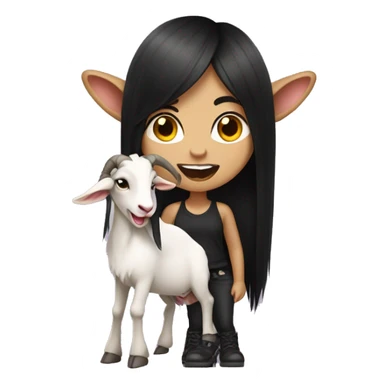 A girl with dark long hair shows her tongue and shows a rocker goat sticker
