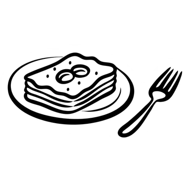 A plate with layered lasagna, fork on the side sticker