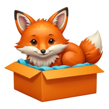 happy fox curled up in a colorful box, glancing upward, emoji style sticker