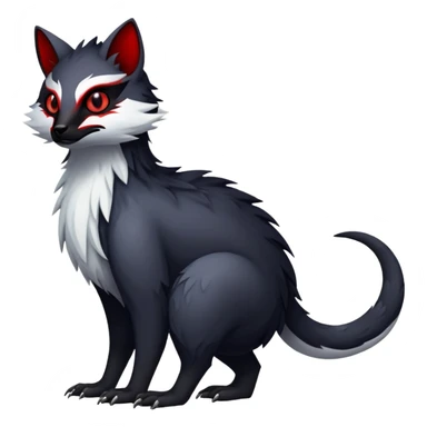 a white exotic edgy vernid-fionbr-Fakémon-creature, with black belly and red eyes, full body sticker