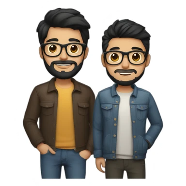 Gay couple of a 32 years old Colombian man with beard and glasses, black hair and brown holding hand with a Vietnamese man, 21 years old, no beard, with glasses sticker