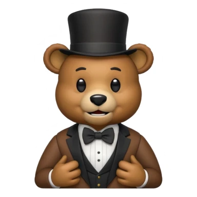 Freddy Fazbear as an emoji, standing, brown bear animatronic, black top hat, bow tie, minimal background, friendly expression sticker