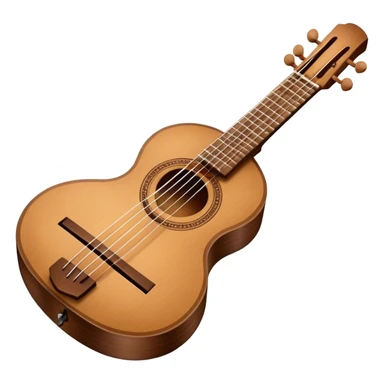 Create an elegant and traditional emoji representing a domra. The design should feature the round, wooden body of the domra with its distinct three or four strings. Include delicate details like the tuning pegs, the fingerboard, and the bridge. The wood of the domra should have a rich, warm tone, and the strings should be subtly highlighted to show their importance. Add a small musical note or two floating around to evoke the folk music it is used for. Use earthy tones like brown and gold to emphasize its classic, rustic feel. The background should be transparent. sticker