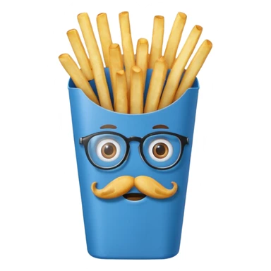 long slim crispy fries in a blue carton, carton has eyes and mustache and glassess sticker