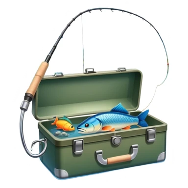 Icon for Fishing: a fishing rod with a line in the water, a tackle box, a fish on the hook, and a peaceful lake or river background. The icon should capture the calm and skill of fishing. Transparent background. sticker
