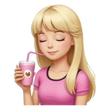 chica con un top rosa de gimnasio y pelo rubio largo con flequillo. el emoji está dibujado como los emojis de apple. la chica está absorbiendo un café con leche a través de una pajita. tiene cara de que el café está rico. tiene los ojos cerrados y se la ve de perfil  sticker