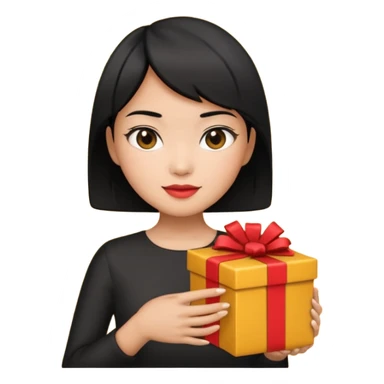 asian woman short hair tanned, holding with black present - emoji style sticker