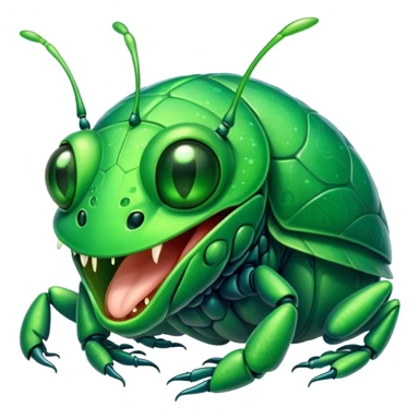 Cinematic Cute Yawning Green Bugdie Portrait Emoji, Head tilted slightly with a dramatic, wide-open yawn, showcasing a smooth, vibrant emerald exoskeleton with delicate patterns and tiny drooping antennae, round multifaceted eyes barely open in drowsy contentment, Simplified yet irresistibly adorable features, highly detailed, glowing with a soft, cozy glow, high shine, relaxed yet expressive, stylized with a touch of whimsy, bright and endearing, soft glowing outline, capturing the essence of a sleepy yet endearing insect, so drowsy it feels like it could stretch out of the screen and curl up for a nap! sticker