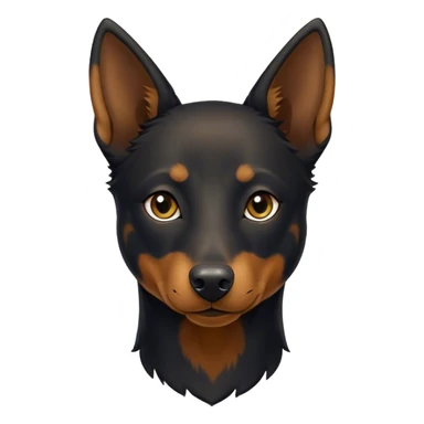 Cinematic Noble Black and Tan Kelpie Portrait Emoji, Poised and regal, with a strong, agile build and a glossy, well-groomed Fur of deep black and tan accents, piercing dark eyes, Simplified yet sharp and sophisticated features, highly detailed, glowing with a soft, dignified glow, high shine, intelligent and energetic, stylized with an air of determination, focused and attentive, soft glowing outline, capturing the essence of a watchful and confident herder, so majestic it feels as though it could bound out of the screen with effortless authority! sticker