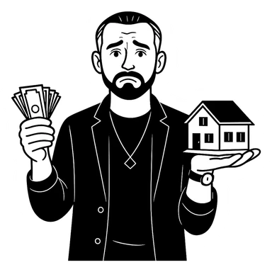 Используя такую стилистику и точно такого же героя, сгенерируй картинку. Герой грустно и вопросительно смотрит на зрителя в на одной ладони у него лежит пачка купюр, на другой стоит загородный дом, прозрачный фон sticker