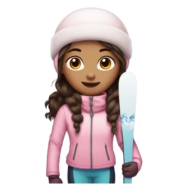 Light pink, snowy, ski girl with brown eyes standing with skis and dark brown hair sticker