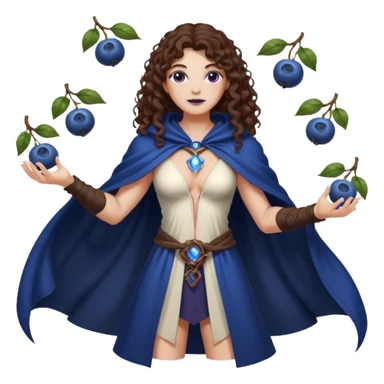 full body woman long curly brown hair brown eyes white skin tattoos muscular build blueberry forest mage cloak, glowing berry orbs floating sticker