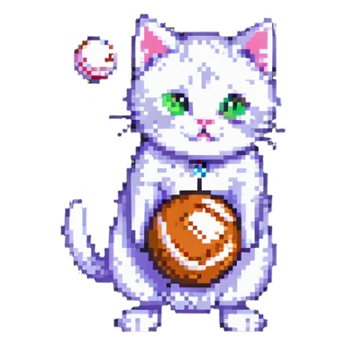 a cute cat batting a ball, pixel art style sticker
