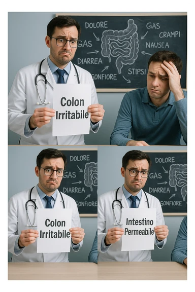 Scena clinica con un medico confuso in camice bianco davanti a un paziente seduto. Il medico ha tre fogli in mano, e li mostra uno alla volta con espressione incerta: il primo dice 'SIBO', il secondo 'Colon Irritabile', il terzo 'Intestino Permeabile'. Il paziente ha un’espressione confusa e scoraggiata, con una mano sulla fronte. Sullo sfondo una lavagna caotica con disegni di intestino e sintomi ovunque. Stile realistico con tocchi ironici, toni freddi da ambulatorio ma con un messaggio visivo forte di incertezza diagnostica. in italiano sticker