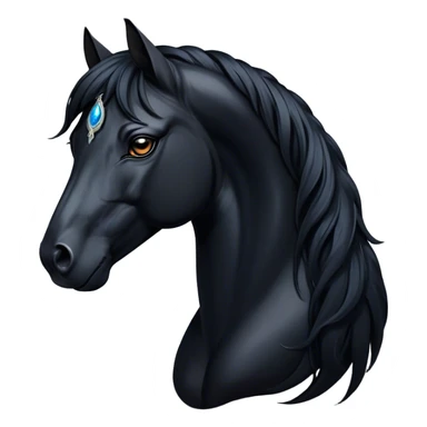 Cinematic Elegant Black Horse Portrait Emoji, Head held high with a serene, powerful gaze, showcasing a magnificent jet-black fur with a radiant, glossy finish, a flowing mane and tail, and piercing dark eyes exuding beauty and strength, Simplified yet majestically refined features, highly detailed, glowing with a soft, ethereal light, high shine, poised and breathtaking, stylized with an air of pure elegance, capturing the essence of a stunning and graceful steed, so beautiful it feels like it could gallop out of the screen with effortless charm! sticker