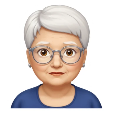 Create me emoji of an old mid-fat lady. Short white hair to left side. Square glasses. Brown eyes. No earings sticker