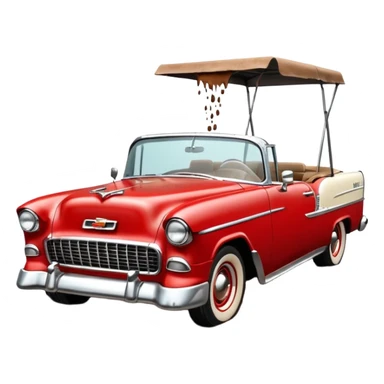 1955 Chevrolet Bel Air Convertible, Red-White color, with a bucket of brown mud pouring down on it, and the car itself is covered in brown mud on the sides that has stuck. 32x32 pixels, aspect ratio: 1:1 sticker