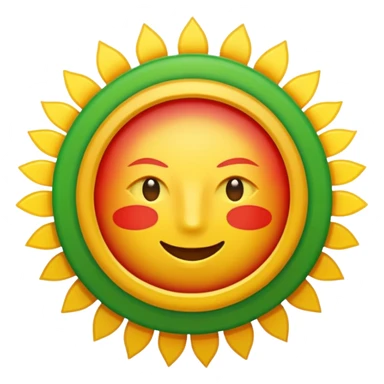 A flat emoji-style icon with three horizontal stripes: red on top, white in the middle, green on the bottom. A bright golden sun in the center with exactly 21 evenly spaced rays. Simple shapes, bold colors, no text, no gradients, transparent background, clean system-emoji look. sticker