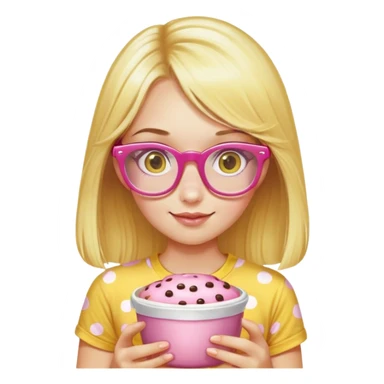 a girl with long lashes, long blonde hair, wearing "yellow polka dot t-shirt", wearing pink glasses, holding a pudding sticker