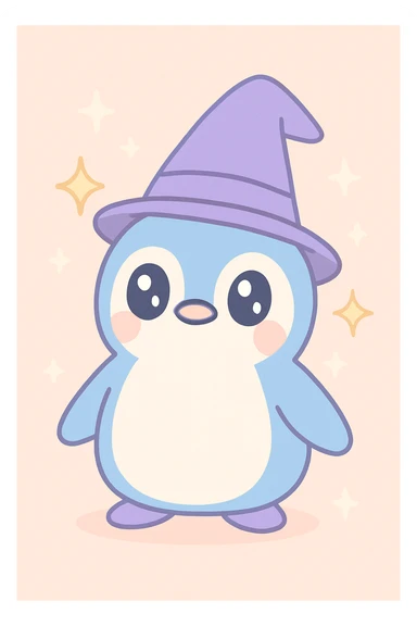 cartoon penguin wizard, pointy hat, sparkles, enchanting atmosphere sticker