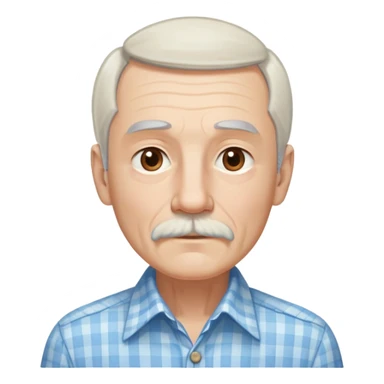 Skinny man in his 70s with fair skin. Long narrow face. Gentle light brown eyes. Fine straight white hair with light bangs, hair length extends below the ears. Thin eyebrows. White goatee connected to mustache. Slender appearance. Wearing a light blue and beige checkered button-up shirt. sticker