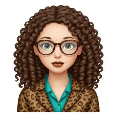 a blue green eyed woman with very very long brunette curly hair, full lips,and pale skin. She is wearing a leopard printed thin round-ish glasses . She is wearing brown clothes. sticker