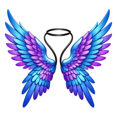 shimmering crystal angel wings, black tips with purple and blue accents, emoji style sticker