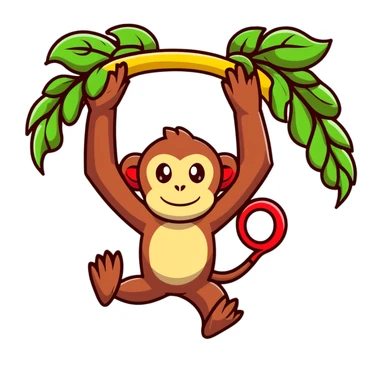 A surreal hybrid creature that is half monkey (top) and half banana (bottom). Green monkey with red facial features on top, and an opened banana peel forming the lower body. In a lush jungle environment with hanging vines and tropical foliage sticker