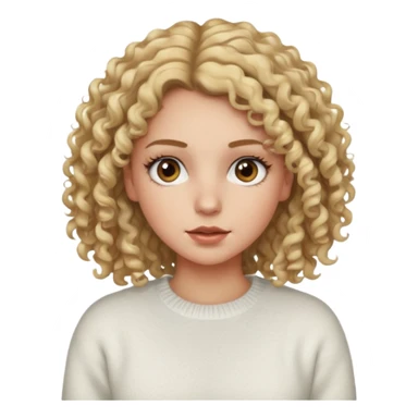 a dirty blonde girl with brown eyes and make her wearing a white sweater with curly hair and white skin color long har and big lashes sticker