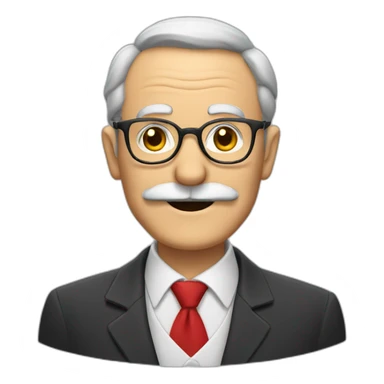 smiling old man wearing a big gray mustache, thin glasses, a red shirt and a black tie sticker