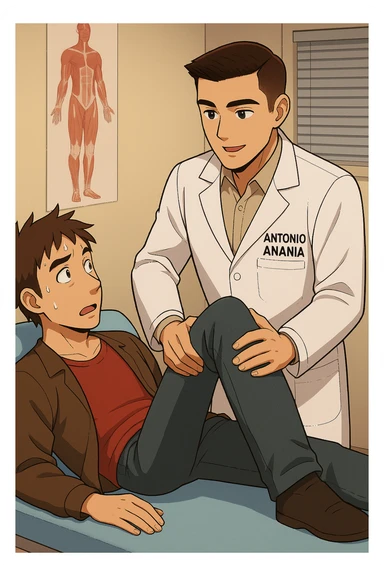 fai un webtoon manga a colori con questo stile, in cui un uomo è steso sul lettino medico e il kinesiologo con il camice bianco (fagli anche la scritta "ANTONIO ANANIA" SUL CAMICE, gli solleva una gamba per fargli il test neuromuscolare, IL KINESIOLOGO SPIEGA ALL'UOMO UNA cosa mentre gli alza la gamba. non fare i fumetti però, fai solo in modo che sembri stiano parlando, il lettino fai in modo che si veda tutto intero sticker