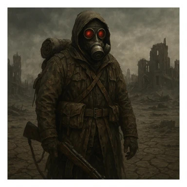 rugged survivor in a gas mask, red eyes, carrying worn gear, desolate wasteland setting sticker