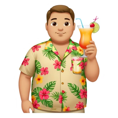 chubby guy full figure in a flowered hawai shirt holding a cocktail sticker